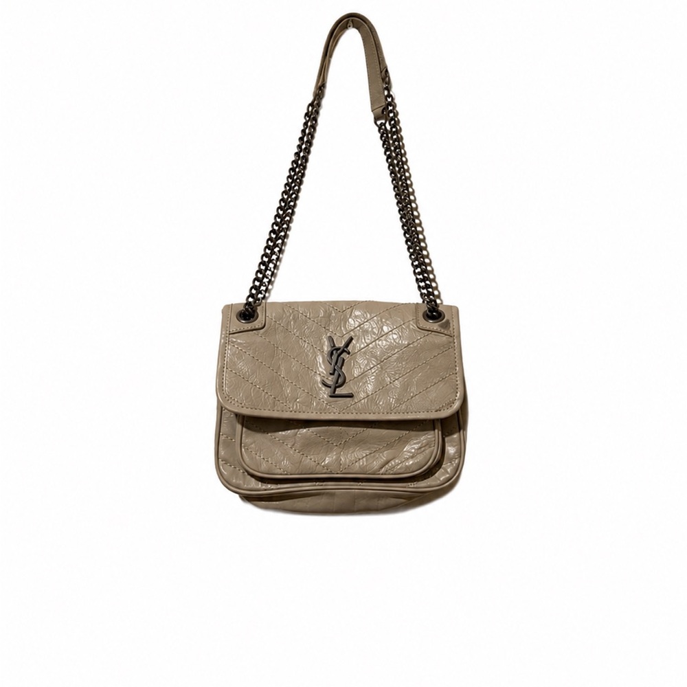 Yves Saint Laurent Cream Quilted Leather Shoulder Bag with Silver Chain